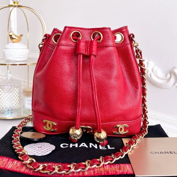 Authentic Chanel CC Bucket Mini Triple coco mark Shoulder Crossbody red B0970 - Picture 1 of 16